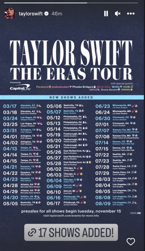 Aug 7, 2023 · Taylor Swift Eras Tour: 5 magic moments at State Farm Stadium that Arizonans saw first. Taylor Swift Eras Tour dates in the US. Friday-Saturday, March 17-18: State Farm Stadium, Glendale, Arizona. Friday-Saturday, March 24-25: Allegiant Stadium, Las Vegas, Nevada. Friday-Sunday, March 31-April 2: AT&T Stadium, Arlington, Texas. 